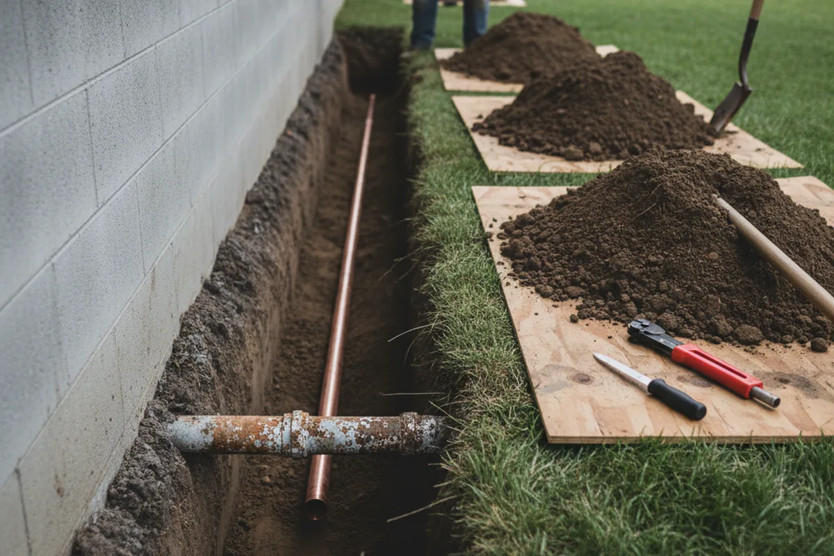Excavated water line trench during Water Softener Installation in Reliance